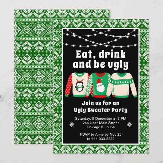 Invitation PULLS DE NOËL LAIDS Fête de Noël Vert (Devant / Derrière)