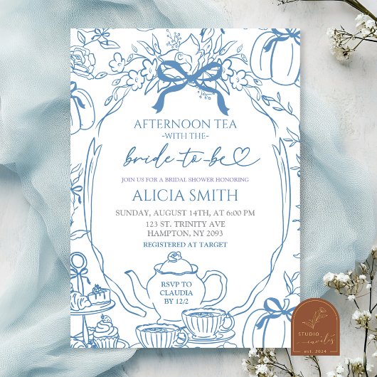 Invitation Pumpkin Blue Bow Toile Bridal Shower Tea Party