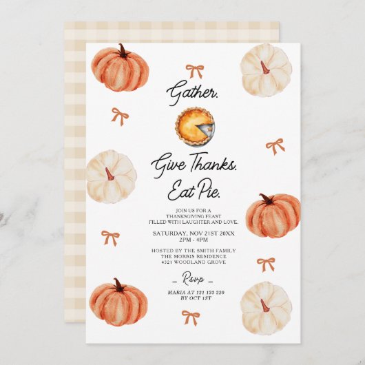 Invitation Pumpkin Gather Give Thanks and Eat Pie  (Devant / Derrière)