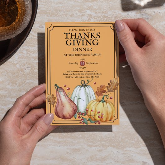 Invitation Pumpkin Rustic Thanksgiving Dinner Fall Watercolor