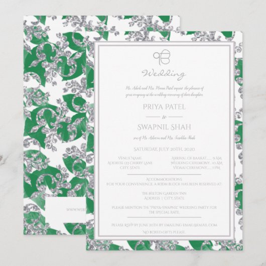 Invitation Punjabi floral Ek sikh Onkar de vert argenté de (Devant / Derrière)