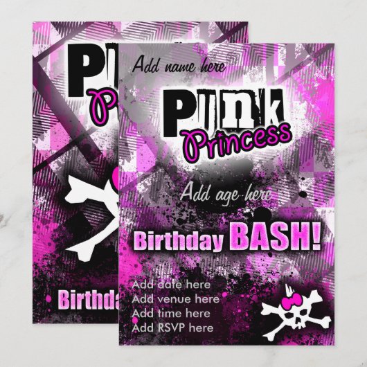 Invitation Punk Princess Anniversaire Bash (Devant / Derrière)