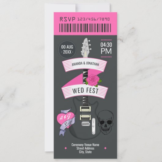 Invitation Punk Romance Rock ’n’ Roll Wedding Ticket (Devant)