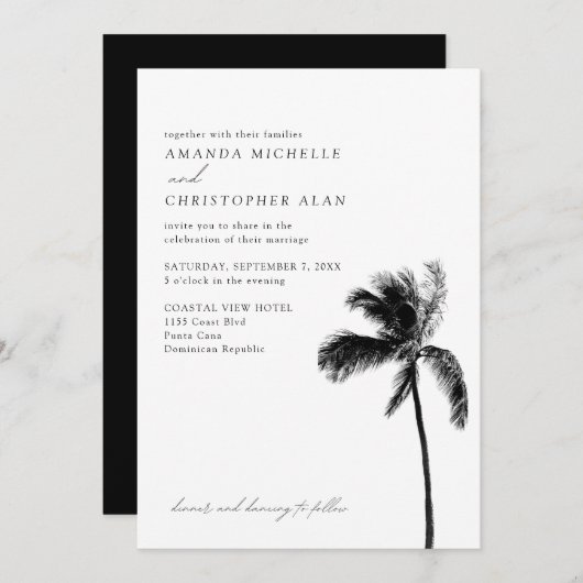 Invitation Punta Cana Mariage Noir & Blanc Simple Palm Tree (Devant / Derrière)