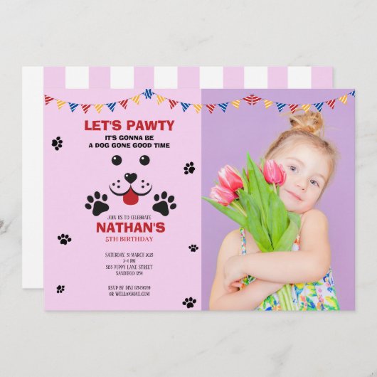 Invitation Puppy Dog Lets Pawty Birthday Boy Photo (Devant / Derrière)