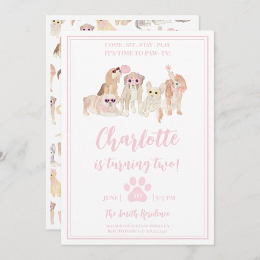 Invitation Puppy Pawty Pink Chien thème Fille fête d'annivers (Devant / Derrière)
