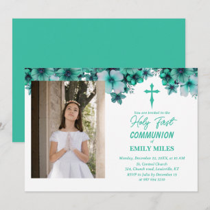Invitation Pure Elegance florale première communion catholiqu
