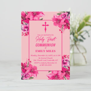 Invitation Pure Elegance rose fleur première communion cathol