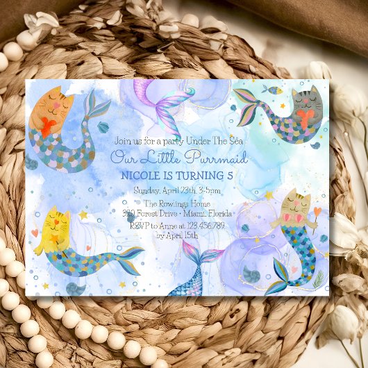 Invitation Purmaid chat sirène aquarelle fille anniversaire