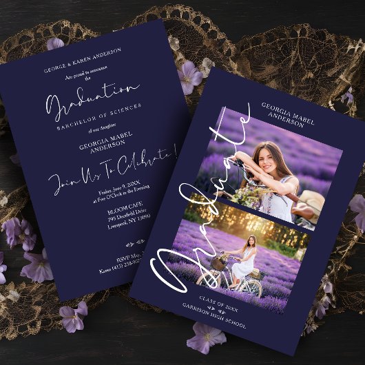 Invitation Purple 2 Photos Exquise Calligraphie Graduation