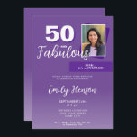 Invitation Purple 50 et Fabulous 50th Birthday Party Photo<br><div class="desc">Purple 50 et Fabulous Surprise 50th Birthday Party Photo Invitation. Une photo personnalisée,  inspirante et drôle de citation 50 et fabuleux. L'arrière - plan est violet vif et le texte est en blanc. C'est une grande invitation à l'anniversaire pour une fête d'anniversaire de femme.</div>