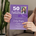 Invitation Purple 50 et Fabulous 50th Birthday Party Photo<br><div class="desc">Purple 50 et Fabulous Surprise 50th Birthday Party Photo Invitation. Une photo personnalisée,  inspirante et drôle de citation 50 et fabuleux. L'arrière - plan est violet vif et le texte est en blanc. C'est une grande invitation à l'anniversaire pour une fête d'anniversaire de femme.</div>
