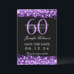 Invitation Purple 60th Birthday Enregistrer la date avec les<br><div class="desc">Design élégant "60th Birthday Party" avec des lumières à cordes violettes et nom personnalisé et texte de détails. Facile à utiliser et facile à personnaliser. Commandez aujourd'hui !</div>