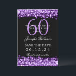 Invitation Purple 60th Birthday Enregistrer la date avec les<br><div class="desc">Design élégant "60th Birthday Party" avec des lumières à cordes violettes et nom personnalisé et texte de détails. Facile à utiliser et facile à personnaliser. Commandez aujourd'hui !</div>
