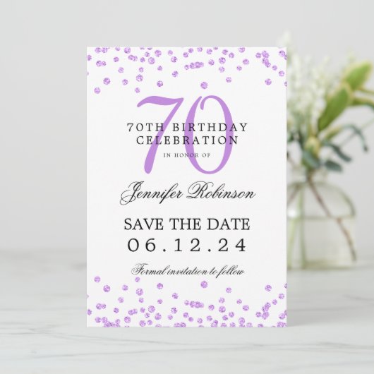 Invitation Purple 70th Birthday Enregistrer la date Détails (Debout devant)