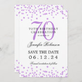 Invitation Purple 70th Birthday Enregistrer la date Détails (Devant / Derrière)