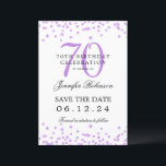 Invitation Purple 70th Birthday Enregistrer la date Détails<br><div class="desc">Elégant design "70th Birthday Party" avec faux confettis de parties scintillant & détails texte. Facile à utiliser et facile à personnaliser. Commandez aujourd'hui !</div>