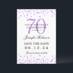 Invitation Purple 70th Birthday Enregistrer la date Détails<br><div class="desc">Elégant design "70th Birthday Party" avec faux confettis de parties scintillant & détails texte. Facile à utiliser et facile à personnaliser. Commandez aujourd'hui !</div>