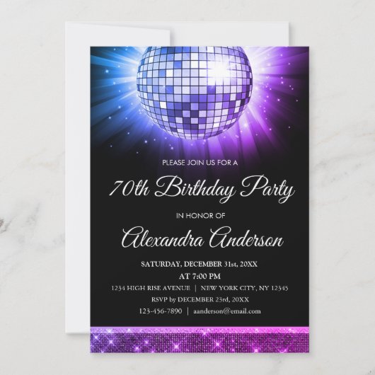 Invitation Purple 70th Birthday Party 70's Disco Ball (Devant)