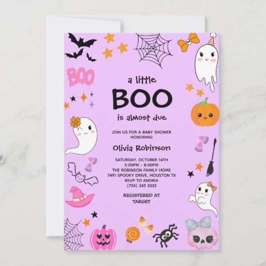 Invitation Purple A Little Boo Jote Baby shower Halloween (Devant)