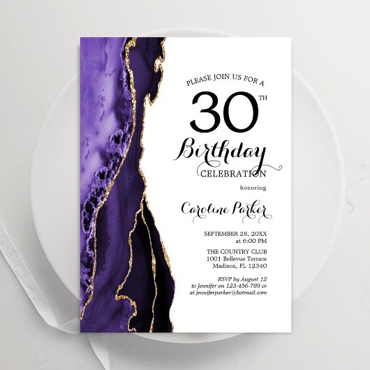 Invitation Purple Agate Blanc Or 30e anniversaire