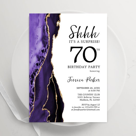 Invitation Purple Agate Blanc Or Surprise 70e anniversaire