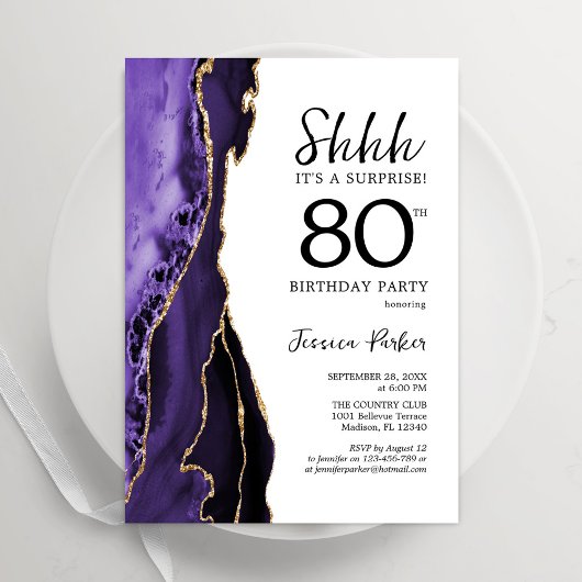Invitation Purple Agate Blanc Or Surprise 80e anniversaire
