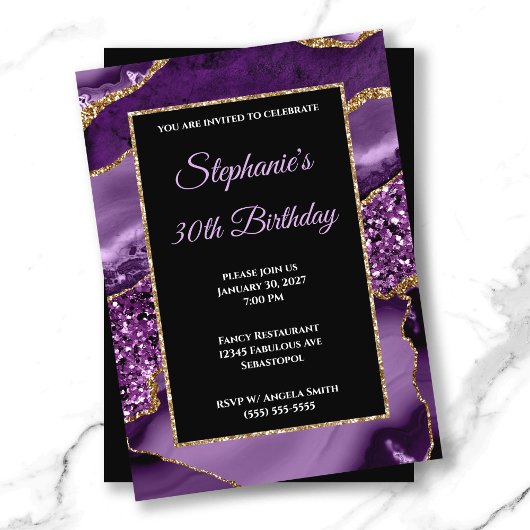 Invitation Purple Agate Gold Parties scintillant Glam 30e ann