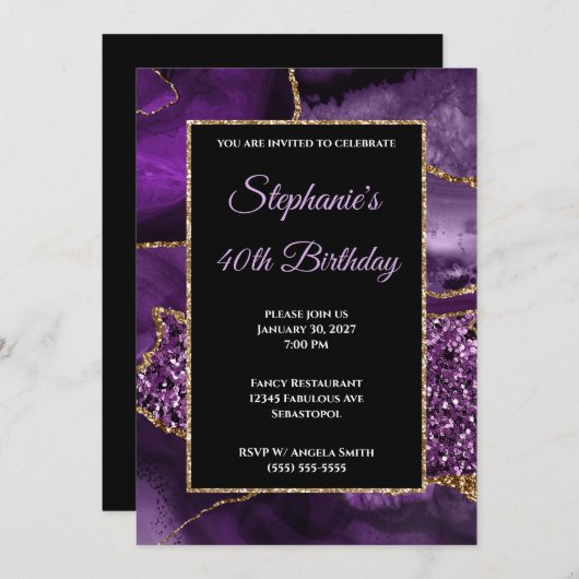 Invitation Purple Agate Gold Parties scintillant Glam 40e ann (Devant / Derrière)