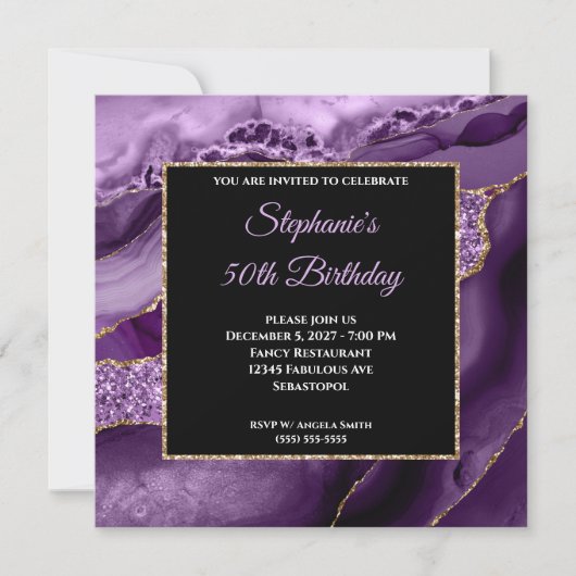 Invitation Purple Agate Gold Parties scintillant Glam 50e ann (Devant)