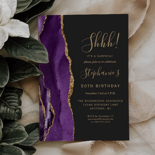 Invitation Purple Agate Gold Surprise 50e fête d'anniversaire