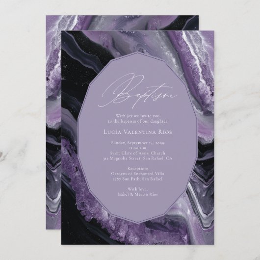 Invitation Purple Agate moderne bébé Christening Baptême (Devant / Derrière)