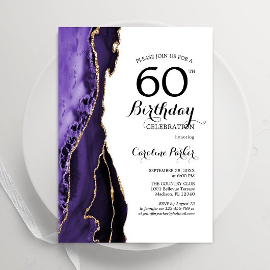 Invitation Purple Agate Or Blanc 60e anniversaire