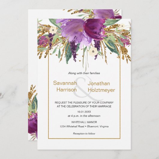 Invitation Purple Amethyst Floral Parties scintillant or prin (Devant / Derrière)