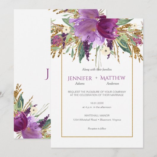 Invitation Purple Amethyst Floral Parties scintillant or prin (Devant / Derrière)