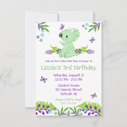 Invitation Purple and Blue Dino-Mite Heure Anniversaire (Devant)