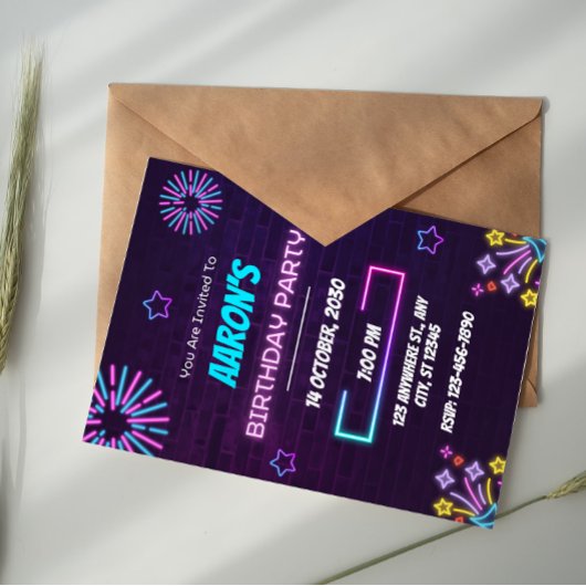 Invitation Purple and Blue Neon Glowing Birthday Party
