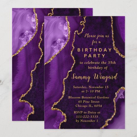 Invitation Purple and Gold Agate Marble Birthday Party (Devant / Derrière)