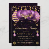 Invitation Purple and Gold Glitter Baubles Christmas Party (Devant / Derrière)
