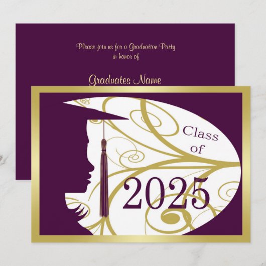 Invitation Purple and Gold Silhouette 2025 Graduation Party (Devant / Derrière)