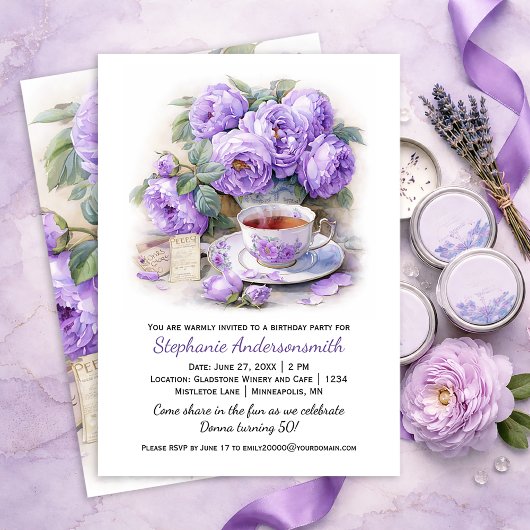 Invitation Purple and Lavender Peonies Tea Cup Birthday Party