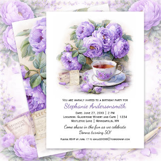 Invitation Purple and Lavender Peonies Tea Cup Birthday Party