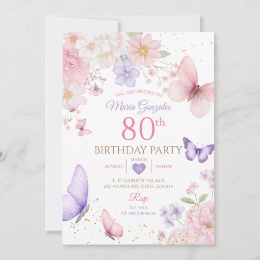 Invitation Purple and Pink Floral Butterfly 80th Birthday (Devant)