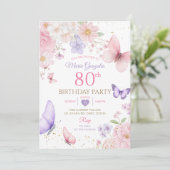 Invitation Purple and Pink Floral Butterfly 80th Birthday (Debout devant)