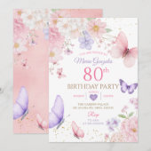 Invitation Purple and Pink Floral Butterfly 80th Birthday (Devant / Derrière)