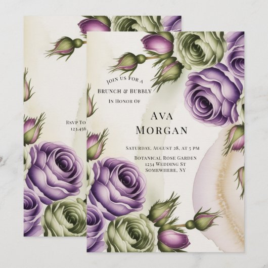 Invitation Purple and Sage Green Roses Brunch & Bubbly (Devant / Derrière)