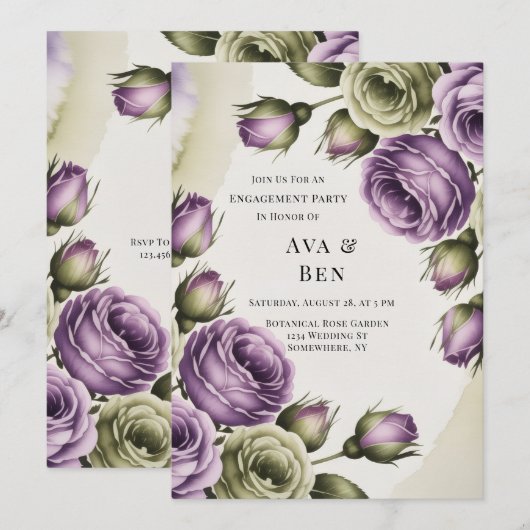 Invitation Purple and Sage Green Roses Engagement Party (Devant / Derrière)