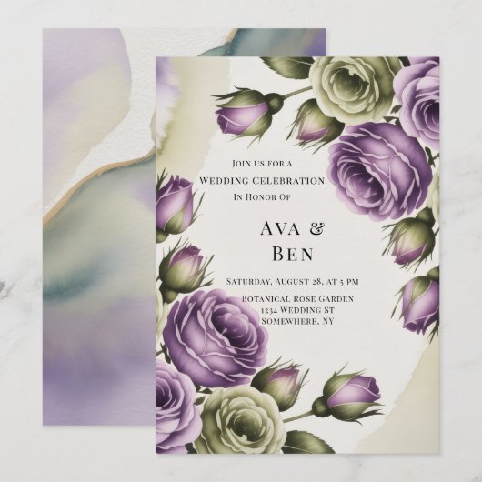 Invitation Purple and Sage Green Roses Painted Wedding (Devant / Derrière)