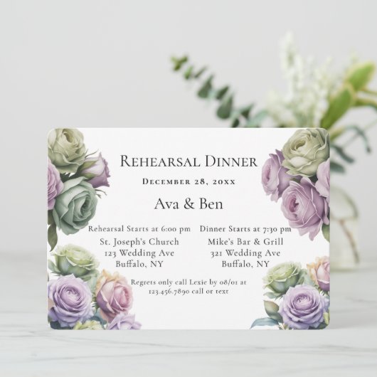 Invitation Purple and Sage Green Roses Rehearsal Dinner (Debout devant)
