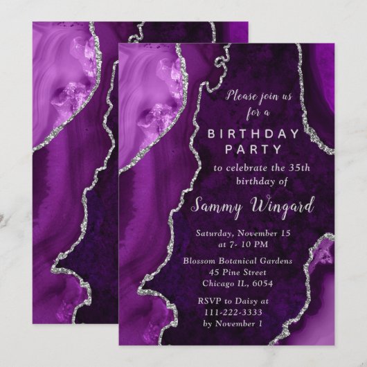 Invitation Purple and Silver Agate Marble Birthday Party (Devant / Derrière)